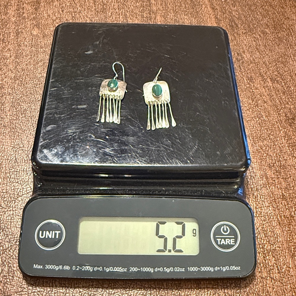 South Western Sterling Silver Drop Earrings with Malachite Stone and Fringe - Picture 8 of 8